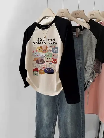 秋装大码短款修身长袖t恤女胖mm显瘦内搭打底衫ins潮欧货爆款上衣商品大图