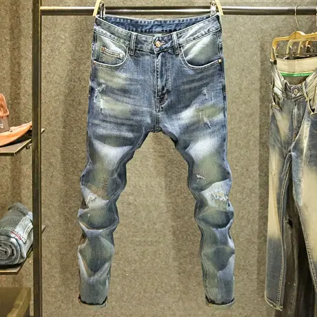 手工磨破针缝牛仔裤男款夏季时尚修身小脚裤潮牌破洞刮烂痞帅长裤商品大图