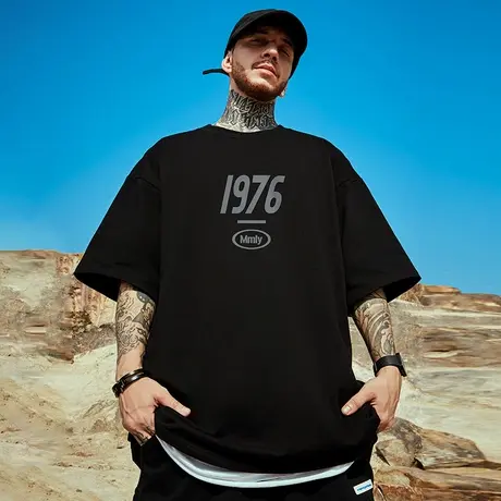 300g重磅美式字母印花短袖t恤街头男士大码黑色圆领纯棉简约半袖商品大图