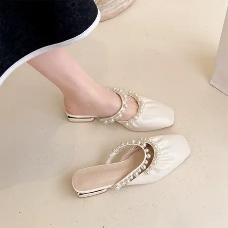 时尚珍珠一字带凉鞋女仙女风2024夏季新款外穿包头拖鞋玛丽珍单鞋商品大图