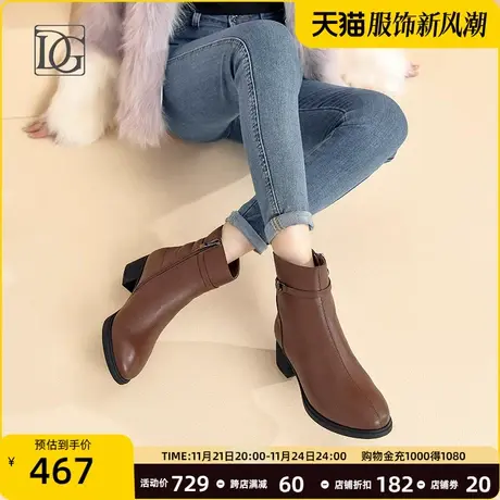 头层牛皮棕色短靴女粗跟2023新款春秋单靴尖头真皮英伦风及踝靴子图片