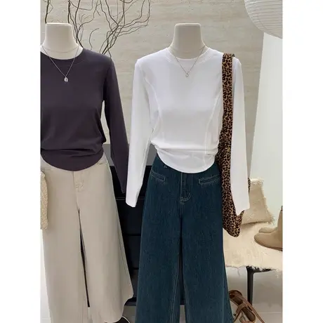 双面磨毛德绒打底衫女内搭秋冬季修身长袖T恤短款小个子鱼骨上衣商品大图