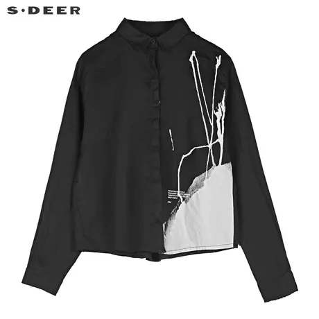 sdeer圣迪奥2019秋女水墨印花毛边下摆短款长袖衬衫S19180510图片