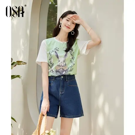 OSA欧莎绿色缎面兔子印花纯棉短袖T恤女夏季薄款正肩显瘦上衣体恤商品大图