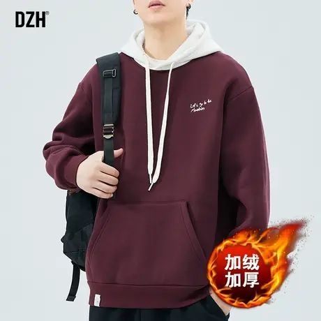 男士酒红色加绒加厚卫衣男冬季连帽2024新款美式重磅上衣保暖内搭商品大图
