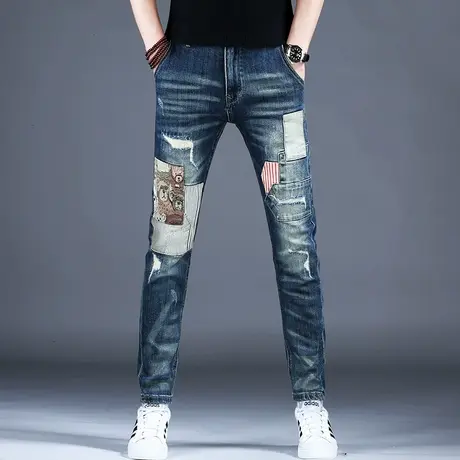2023男士新款牛仔裤子时尚蓝灰修身破洞接拼小脚裤棉弹四季潮牌男图片