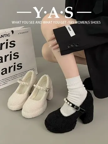 韩系羊羔毛玛丽珍鞋女士2024冬季新款气质珍珠法式复古高跟单鞋潮商品大图