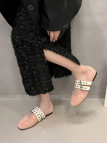 方头复古玛丽珍鞋女平底单鞋女2024春季新款绒面搭扣软底奶奶鞋女商品大图