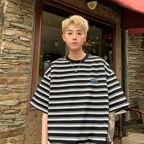 港风贴标条纹t恤男夏季潮牌美式高街短袖宽松休闲半截袖痞帅衣服商品大图