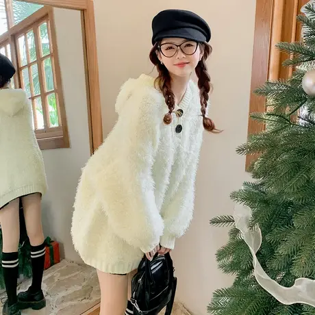 othermix 慵懒套头连帽毛衣女2024春季新款宽松休闲毛毛针织上衣图片