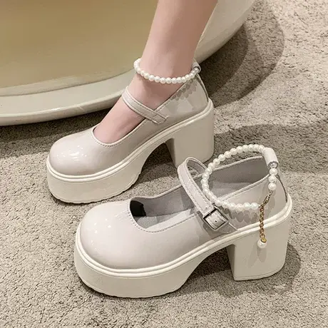 白色小香风粗跟高跟鞋女2024年新款春季款小个子网红法式玛丽珍鞋图片