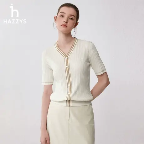 Hazzys哈吉斯24春季新品V领修身版坑条醋酸内搭黑白短袖针织衫女图片