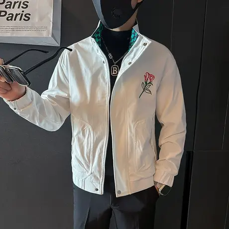 春季潮牌撞色立领夹克男2024新款刺绣高级感休闲痞帅工装薄款外套商品大图