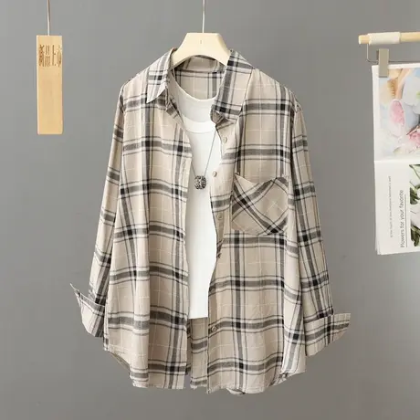 韩版格子衬衫外套女春秋季设计感小众打底衫宽松别致绝美衬衣上衣图片