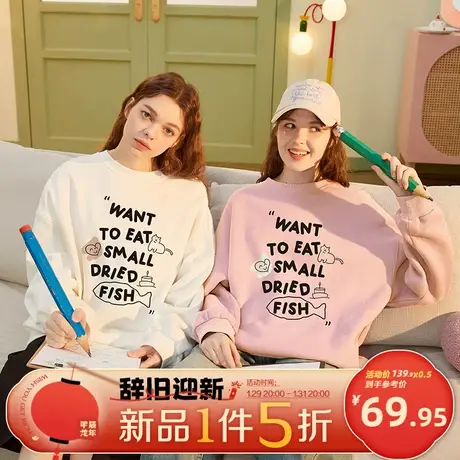 唐狮2024春季新款女趣味印花加绒套头卫衣慵懒感绒衫秋漂亮卫衣G图片