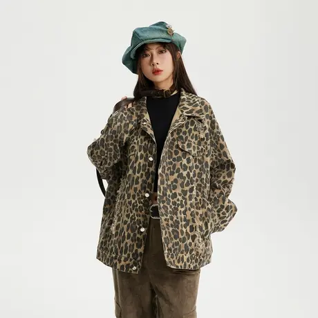 设计感潮牌豹纹外套女春季2024新款做旧西装夹克宽松oversize上衣商品大图