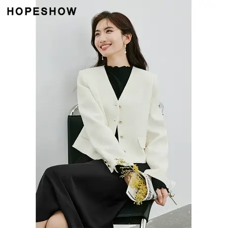 红袖高级感香风单排扣短外套hopeshow2024春季新款V领米白色上衣商品大图