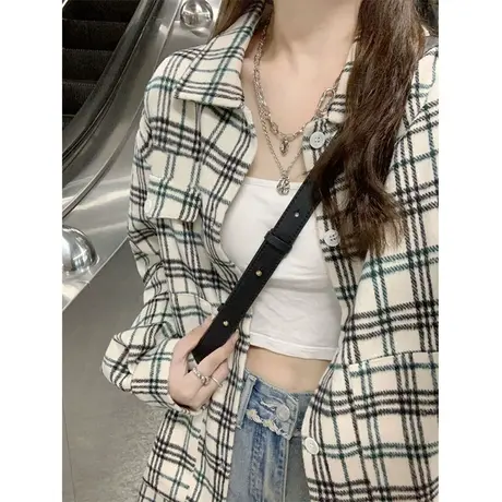 美式复古格子长袖衬衫女春秋2023新款设计感小众宽松慵懒法式上衣图片