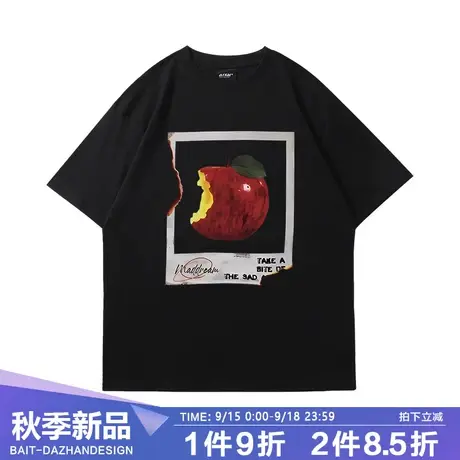 美式复古苹果印花短袖T恤ins风夏季oversize潮牌个性小众情侣上衣商品大图