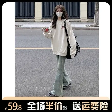 圆领卫衣女秋冬加绒加厚oversize潮慵懒风宽松小个子复古美式上衣商品大图