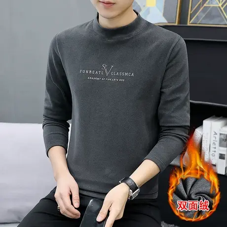 双面绒半高领长袖T恤男加绒修身2021新款秋冬季男士内搭打底衫潮商品大图