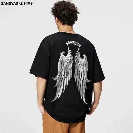 木村三社SANSYAS 反光翅膀印花短袖男设计感小众宽松新款上衣t恤图片