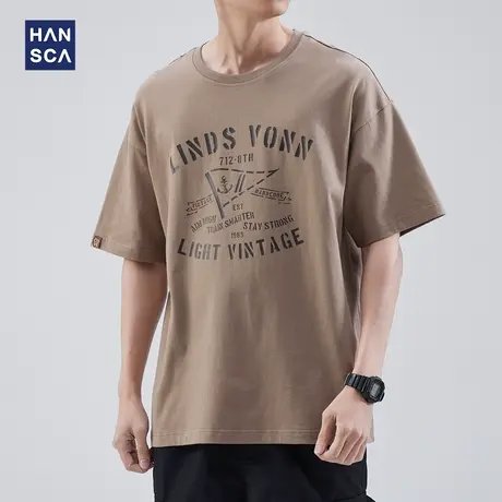 hansca 短袖t恤男夏季美式复古圆领宽松青少年纯棉运动大码打底衫商品大图