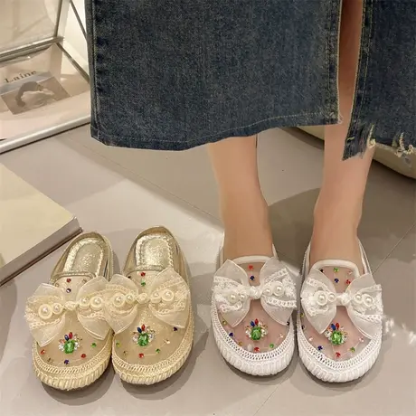 网红平底拖鞋女春秋外穿2024年新款超火防滑蝴蝶结小众设计感半拖商品大图