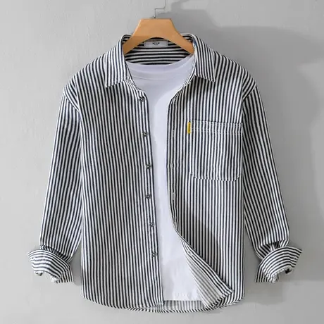 休闲条纹衬衫男黑色衬衣男士春秋款百搭外套商务外穿宽松男装潮流图片