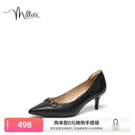 妙丽气质高跟鞋春季新款时尚休闲金属扣尖头细跟女单鞋SAT68AQ3图片