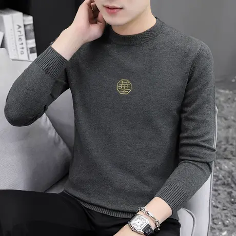 圆领毛衣男潮流内搭打底衫秋冬季保暖针织衫毛线衣烫金印花毛衫男图片