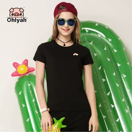 Ohlyah纯棉t恤女装黑色短袖修身显瘦上衣半袖打底衫休闲运动圆领商品大图