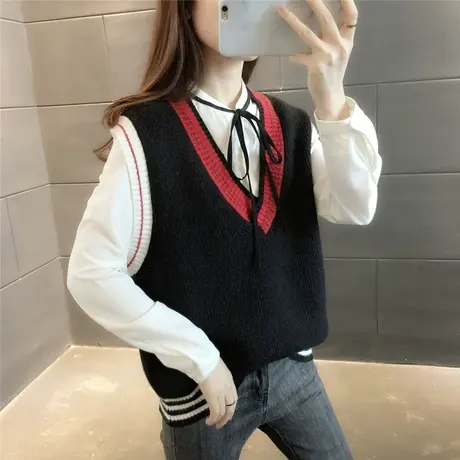 学院风V领拼色针织马甲女2023年秋季新款女装毛衣内搭背心学生潮商品大图