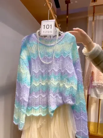 慵懒宽松马海毛彩虹毛衣女薄款条纹显瘦百搭镂空甜妹针织衫上衣潮图片