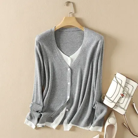 美丽诺羊毛假两件套针织开衫秋装女2023新款宽松软糯外套打底毛衣商品大图