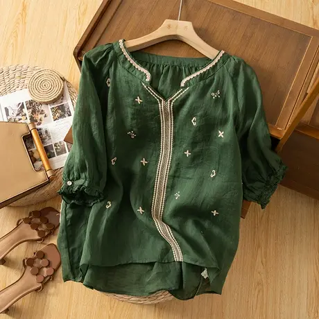 享永子中袖刺绣苎麻上衣女文艺复古宽松显瘦棉麻小衫2023夏季新款商品大图