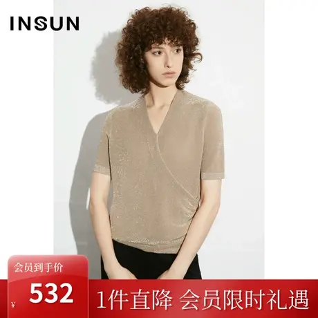 恩裳COVER2023年夏款新款轻奢华感细闪前幅交叉褶皱设计抗皱上衣商品大图