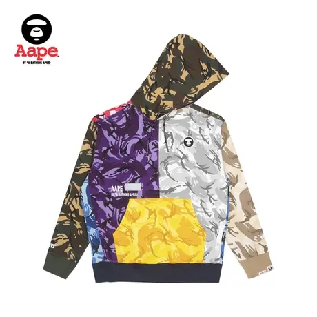 Aape旗舰店男装秋冬猿颜图案拼接口袋迷彩加绒连帽卫衣3823XBH图片