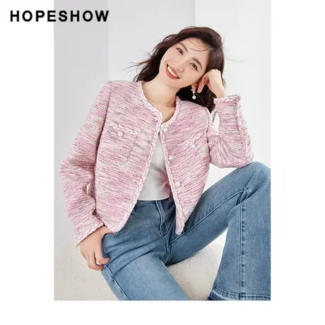 【直播专享】秋季香风亮丝直身单排扣圆领外套90123260402红袖商品大图