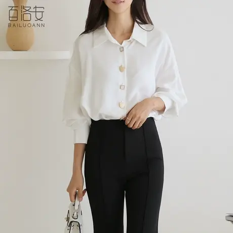 百洛安长袖翻领衬衫秋季新款韩范洋气百搭上衣气质淑女职业白衬衣图片
