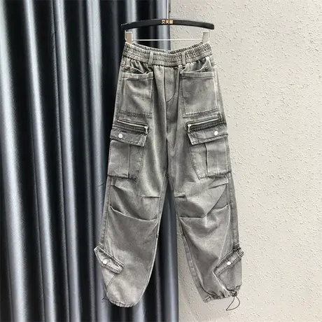 欧货工装设计感牛仔束脚裤女2023秋季新款多口袋高腰显瘦哈伦长裤商品大图