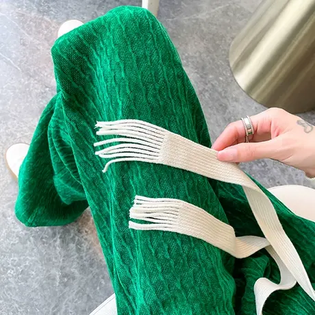 绿色雪尼尔阔腿裤女2023年春秋新款高腰宽松显瘦休闲抽绳条绒裤子商品大图