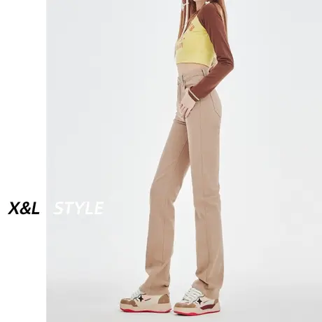 卡其色高腰直筒牛仔裤女秋春秋2023新款显瘦女士小个子修身烟管裤商品大图