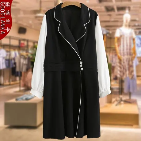 中年胖妈妈春装新款2022洋气时尚减龄撞色加肥加大码女雪纺连衣裙商品大图