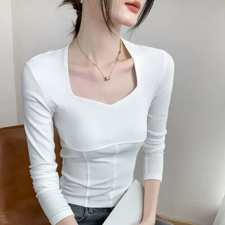 纯色修身长袖上衣女士2023早春新款西装内搭打底衫洋气方领针织衫商品大图