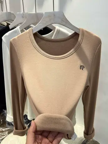 羊绒大圆领针织T恤女2022冬新款纯色加绒加厚上衣保暖内搭打底衫商品大图