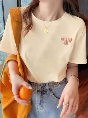 奶黄色仿棉短袖t恤女夏季小众潮牌设计感复古港味chic正肩上衣服图片