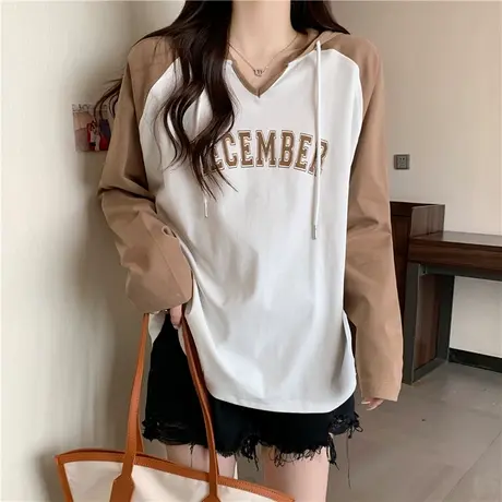 纯棉连帽T恤长袖女秋装百搭宽松显瘦设计感小众撞色插肩袖上衣潮商品大图