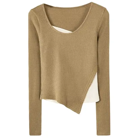 春秋假2件短款T恤拼接个性长袖圆领打底杏色打底女内搭不规则上衣商品大图