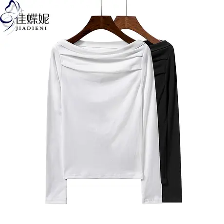 春秋新款一字领性感纯欲褶皱显瘦修身纯色纯棉长袖体恤上衣女打底图片